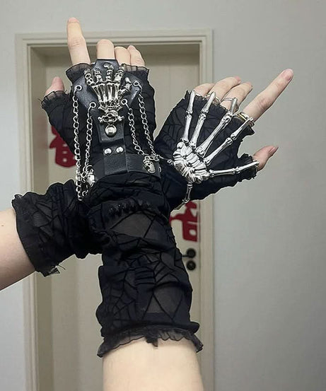 Spooky Chic Gothic Skeleton Hand & Skull Chain Fingerless Gloves - Halloween & Alt Fashion Arm Warmers