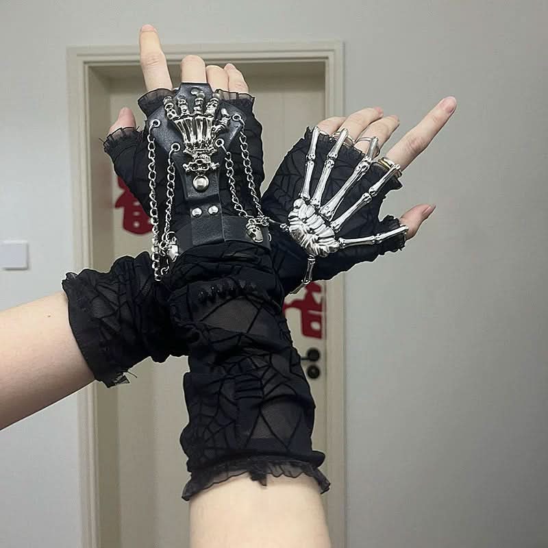 Spooky Chic Gothic Skeleton Hand & Skull Chain Fingerless Gloves - Halloween & Alt Fashion Arm Warmers