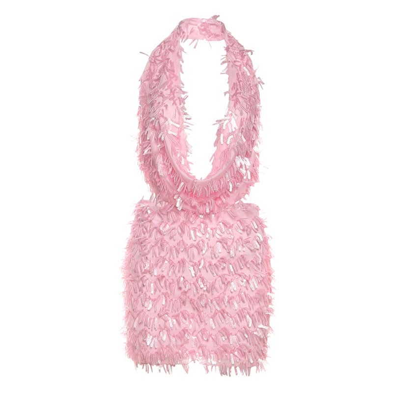 Dazzling Chocolate Fringe & Sequin Halter Mini Set - Your Fall & Holiday Party Statement