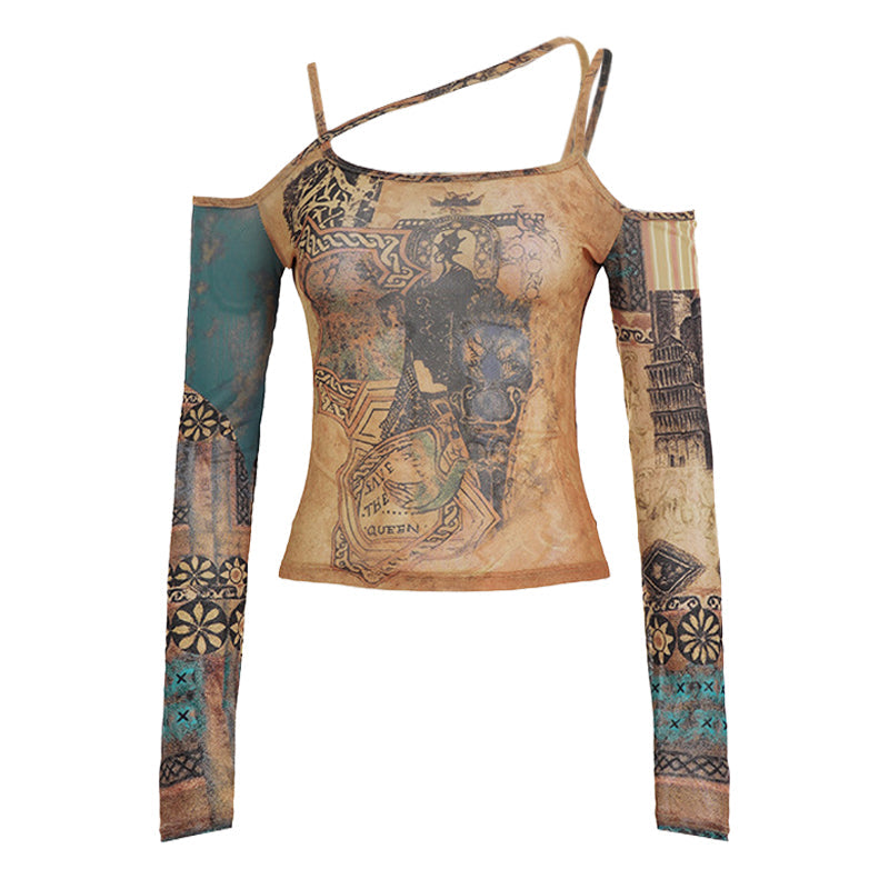 Mystic Tapestry Mesh Off-Shoulder Long Sleeve Top - Fall 2025 Essential