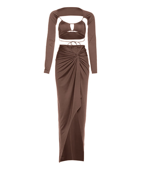 Elevated Fall Glamour: Two-Piece Ruched Slit Maxi Skirt & Cutout Bolero Set