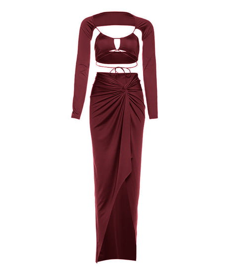 Elevated Fall Glamour: Two-Piece Ruched Slit Maxi Skirt & Cutout Bolero Set