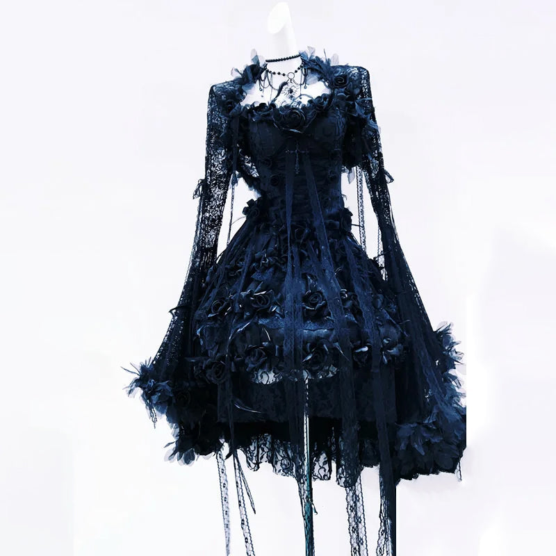 Victorian-Inspired Black Rose Lace Mini Dress | Dark Romance Gothcore Party & Halloween Style