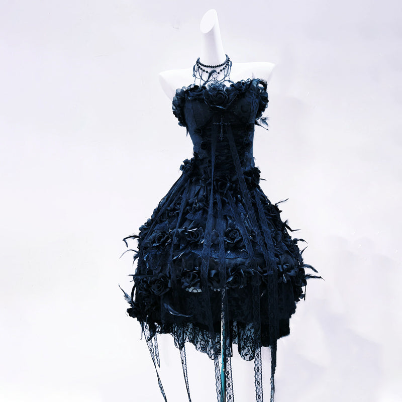 Victorian-Inspired Black Rose Lace Mini Dress | Dark Romance Gothcore Party & Halloween Style