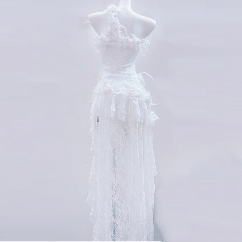 Dreamy White Floral Strapless Mini Dress with Ethereal Sheer Train - Your Holiday & Bridal Moment Statement Piece