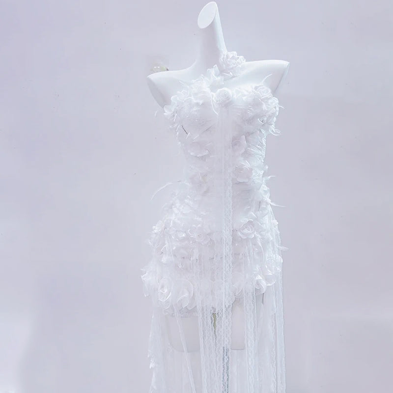 Dreamy White Floral Strapless Mini Dress with Ethereal Sheer Train - Your Holiday & Bridal Moment Statement Piece