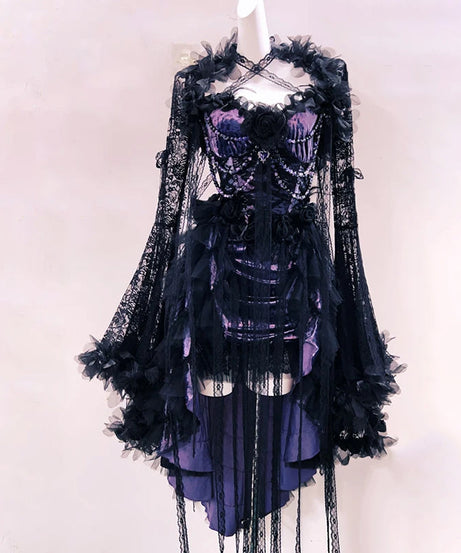 Bewitching Black Lace & Deep Purple Velvet High-Low Dress – Your Ultimate Halloween & Holiday Party Statement