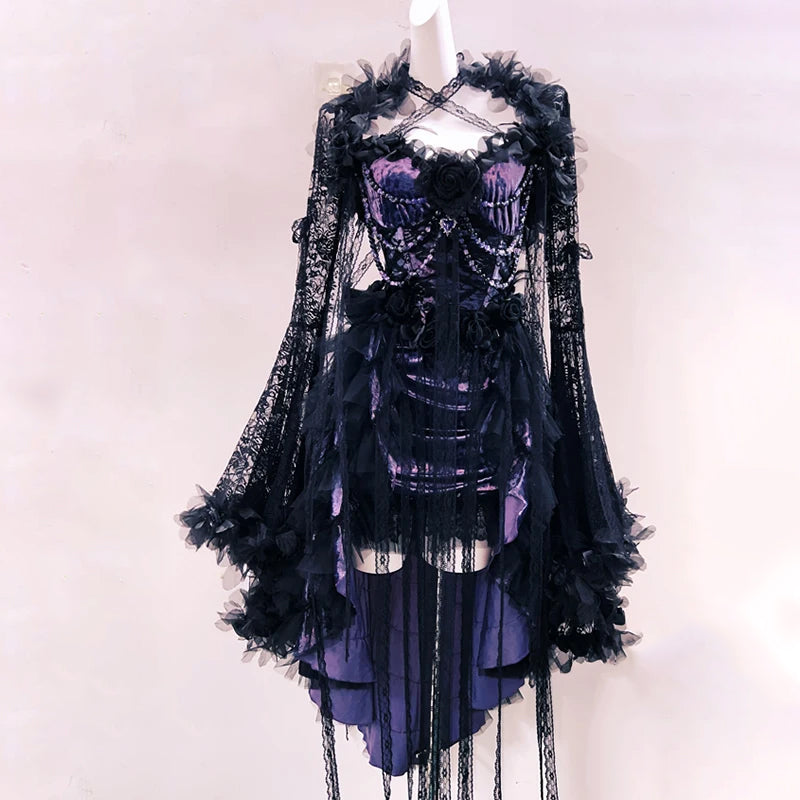 Bewitching Black Lace & Deep Purple Velvet High-Low Dress – Your Ultimate Halloween & Holiday Party Statement