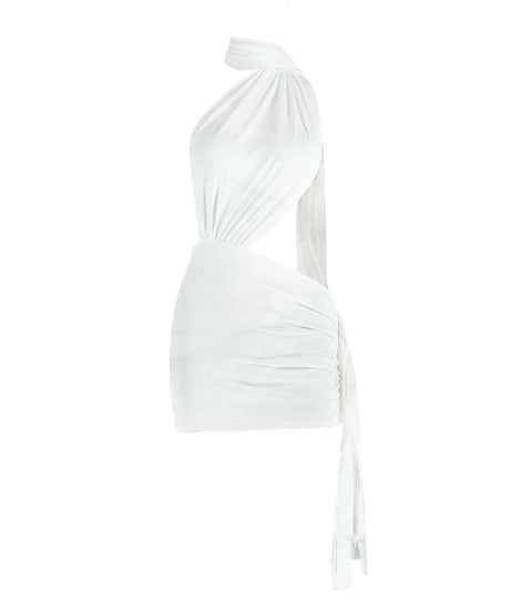 Head-Turning White Halter Cut-Out Ruched Mini Dress | Fall & Holiday Party Ready