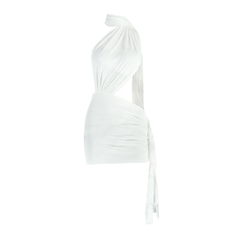 Head-Turning White Halter Cut-Out Ruched Mini Dress | Fall & Holiday Party Ready