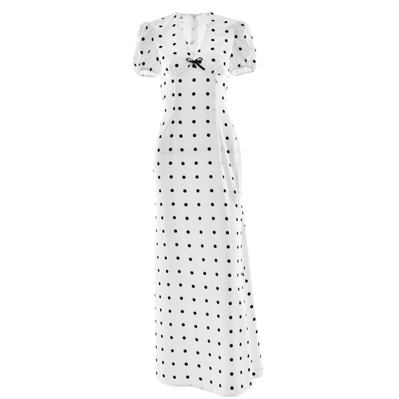 Retro Chic Polka Dot Maxi Dress with Sweet Bow - Timeless Style for Fall & Beyond