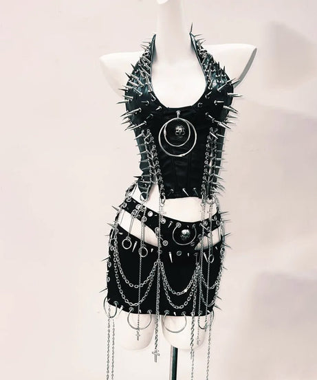 Spiked & Chained Faux Leather Halter Top & Mini Skirt Set - Ultimate Goth Rave Halloween Outfit