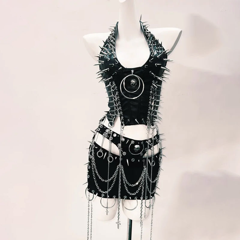 Spiked & Chained Faux Leather Halter Top & Mini Skirt Set - Ultimate Goth Rave Halloween Outfit