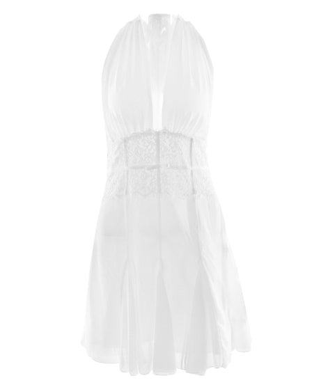 Golden Hour Glow Halter Mini Dress | Deep V-Neck & Delicate Lace for Effortless Chic