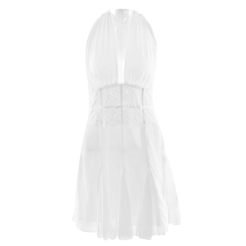 Golden Hour Glow Halter Mini Dress | Deep V-Neck & Delicate Lace for Effortless Chic