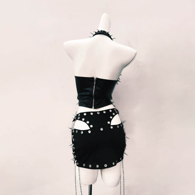 Spiked & Chained Faux Leather Halter Top & Mini Skirt Set - Ultimate Goth Rave Halloween Outfit