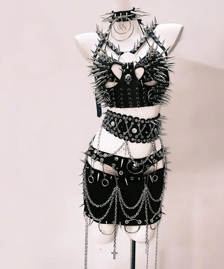 Spiked & Chained Rebel: Goth Rave Harness Top & Mini Skirt Set | Halloween & Festival Ready