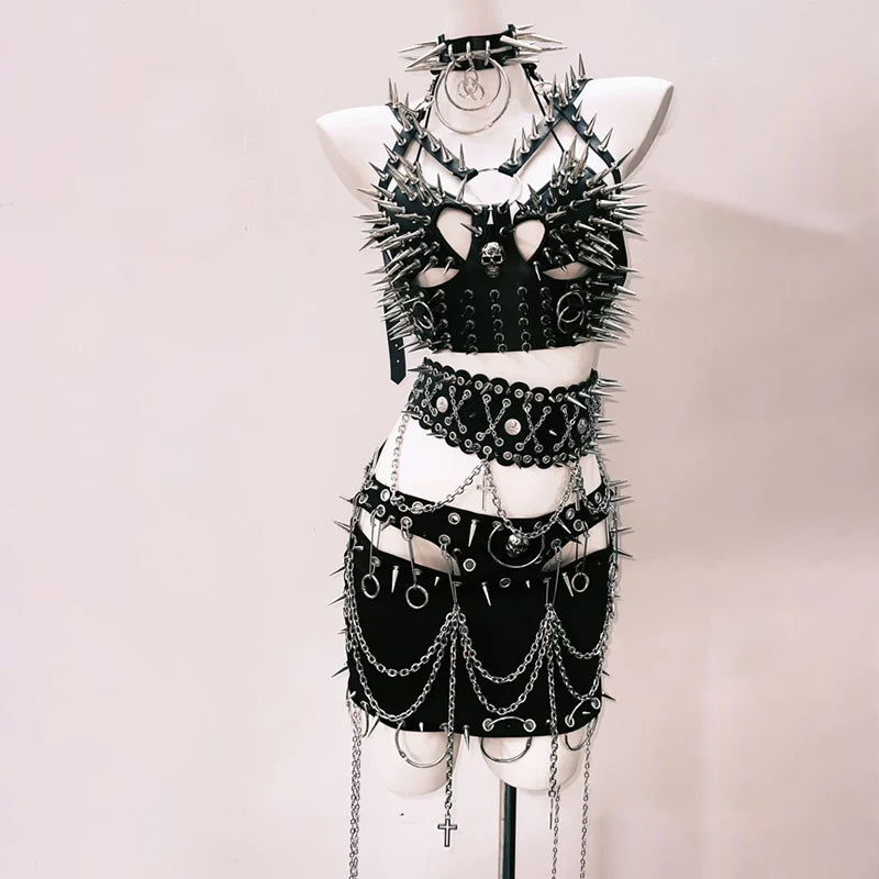 Spiked & Chained Rebel: Goth Rave Harness Top & Mini Skirt Set | Halloween & Festival Ready