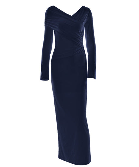 Elegant Winter White Ruched Bodycon Maxi Dress | Long Sleeve Draped V-Neck for Fall & Holiday Events