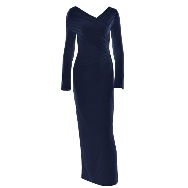 Elegant Winter White Ruched Bodycon Maxi Dress | Long Sleeve Draped V-Neck for Fall & Holiday Events