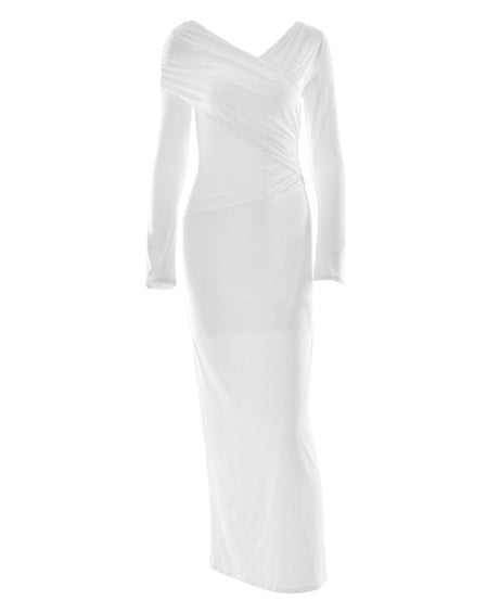 Elegant Winter White Ruched Bodycon Maxi Dress | Long Sleeve Draped V-Neck for Fall & Holiday Events
