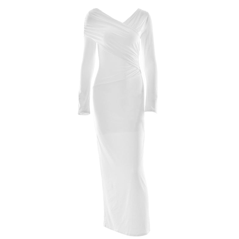 Elegant Winter White Ruched Bodycon Maxi Dress | Long Sleeve Draped V-Neck for Fall & Holiday Events