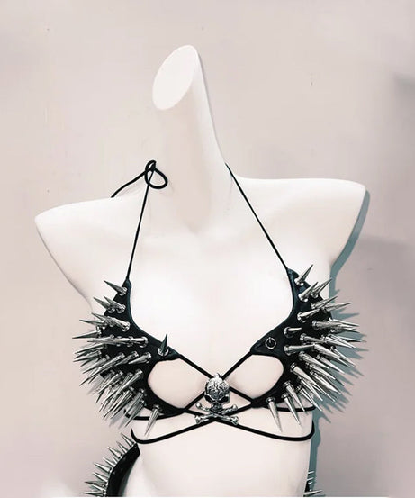 Unleash Your Inner Rebel: Women's Spiked Skull Goth Punk Halter Top & Mini Skirt Set – Your Ultimate Halloween, Rave & Festival Look!