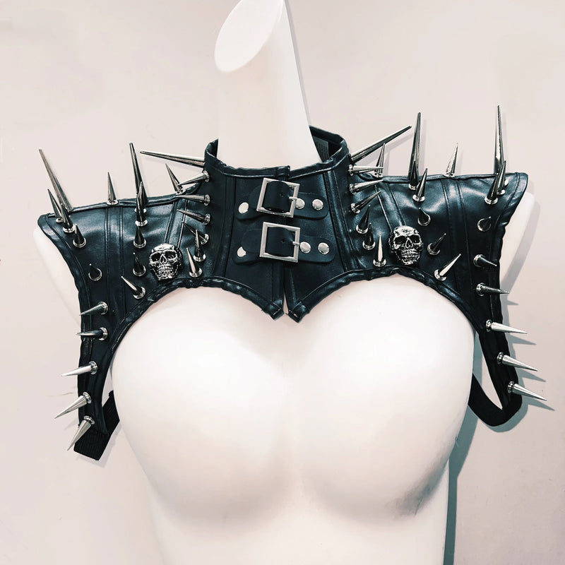 Unleash Your Inner Rebel: Women's Spiked Skull Goth Punk Halter Top & Mini Skirt Set – Your Ultimate Halloween, Rave & Festival Look!