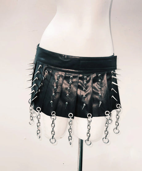 Unleash Your Inner Rebel: Women's Spiked Skull Goth Punk Halter Top & Mini Skirt Set – Your Ultimate Halloween, Rave & Festival Look!