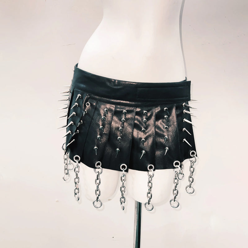 Unleash Your Inner Rebel: Women's Spiked Skull Goth Punk Halter Top & Mini Skirt Set – Your Ultimate Halloween, Rave & Festival Look!