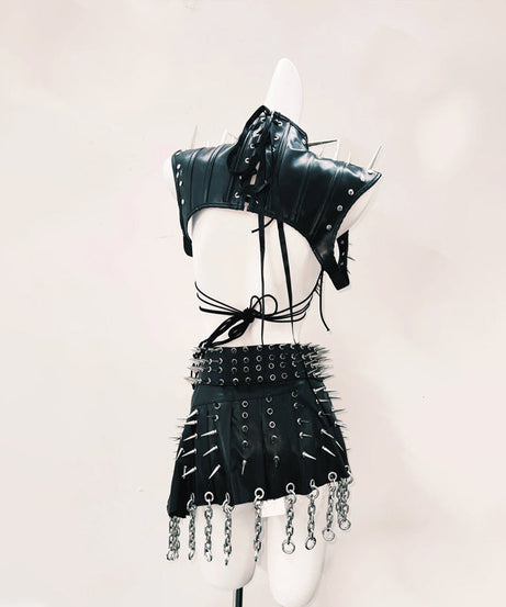 Unleash Your Inner Rebel: Women's Spiked Skull Goth Punk Halter Top & Mini Skirt Set – Your Ultimate Halloween, Rave & Festival Look!