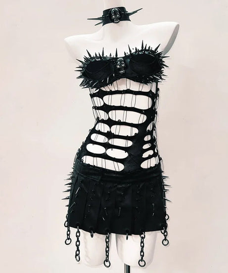 Unleash Your Inner Rebel: Spiked Skull & Chain Mini Set with Choker - Goth Punk Halloween Ready