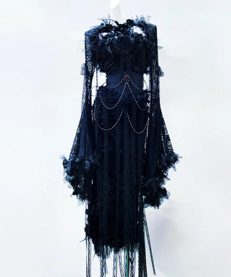 Enchanted Black Lace Maxi Dress | Gothic Corset Gown for Halloween & Fall Galas