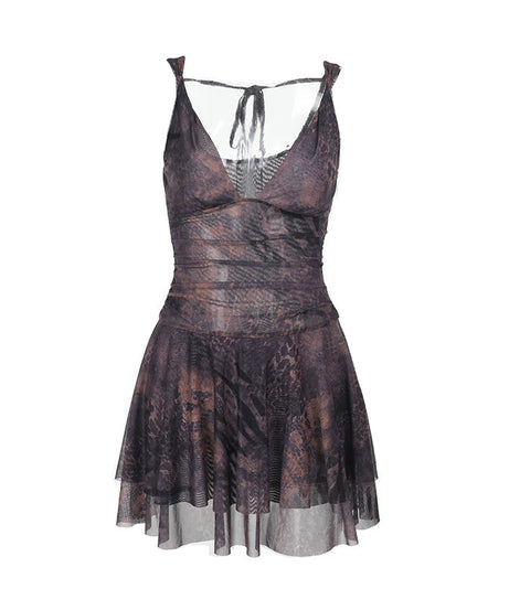 Sultry Siren Blue Mesh Mini Dress - Abstract Animal Print V-Neck for Fall Nights Out