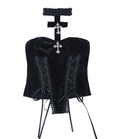 Dark Romance: Gothic Velvet Strapless Corset Top with Ornate Cross Choker – Fall & Halloween Statement Piece