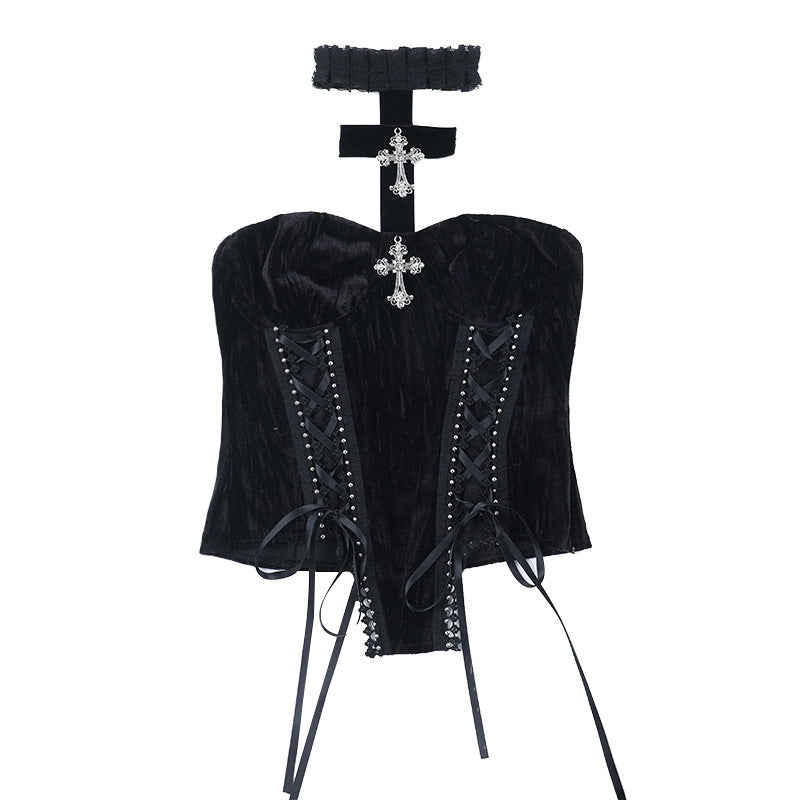 Dark Romance: Gothic Velvet Strapless Corset Top with Ornate Cross Choker – Fall & Halloween Statement Piece