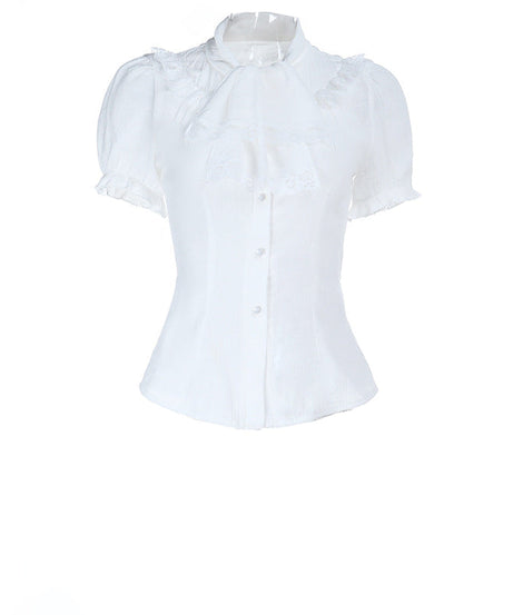 Ethereal White Lace Puff Sleeve Blouse - Victorian Tie-Neck Ruffle Top for Fall & Halloween
