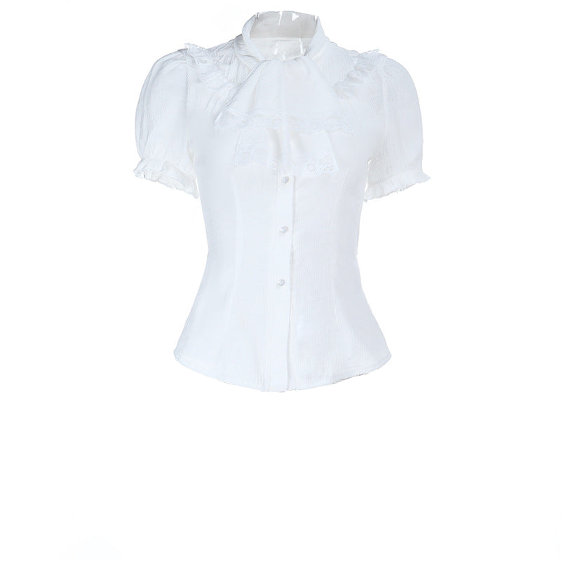 Ethereal White Lace Puff Sleeve Blouse - Victorian Tie-Neck Ruffle Top for Fall & Halloween