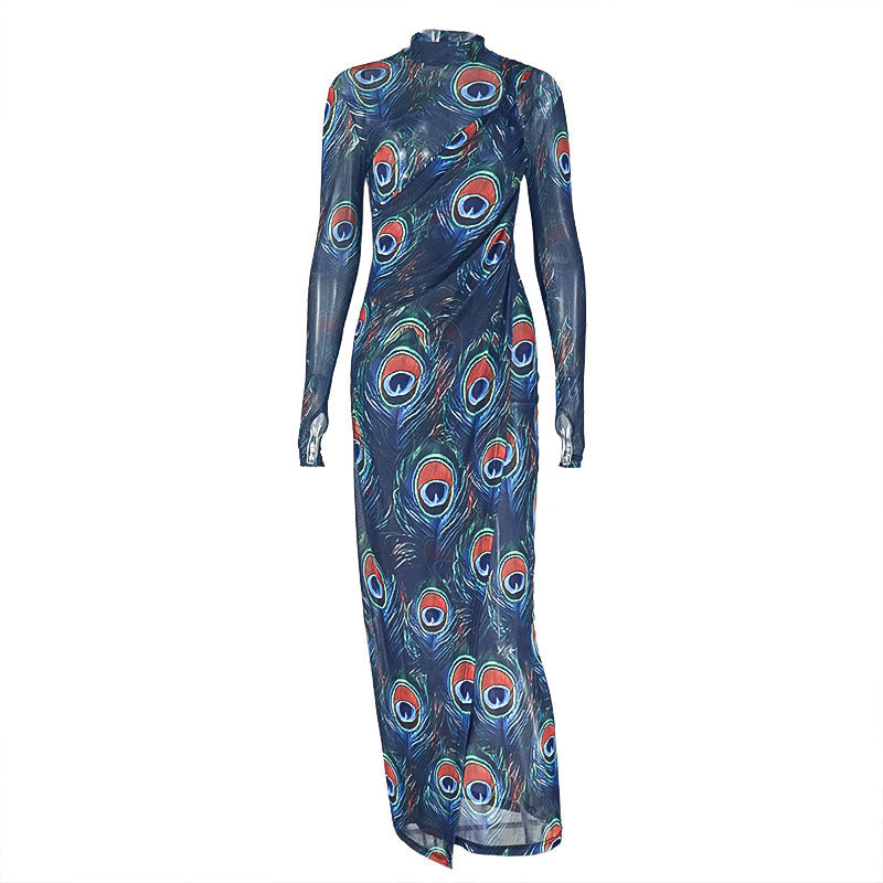 Mesmerizing Peacock Feather Mesh Maxi Dress - High Neck, Slit & Long Sleeve for Fall/Holiday Elegance