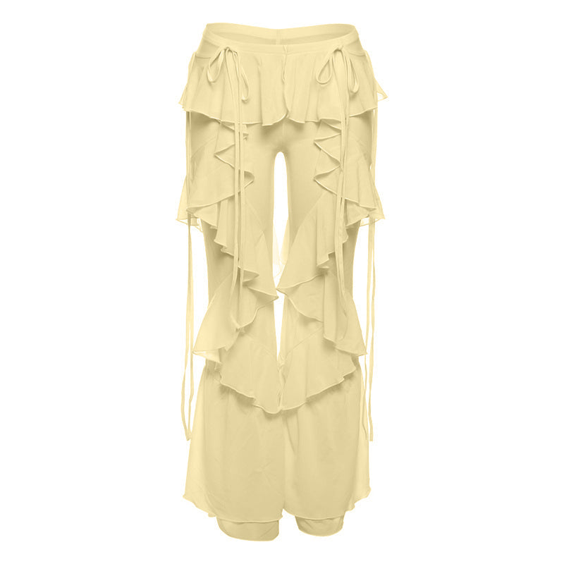 Boho Chic Tiered Ruffle Pants - Adjustable Tie-Waist Flowy Trousers | Cream Resort & Fall Getaway Style