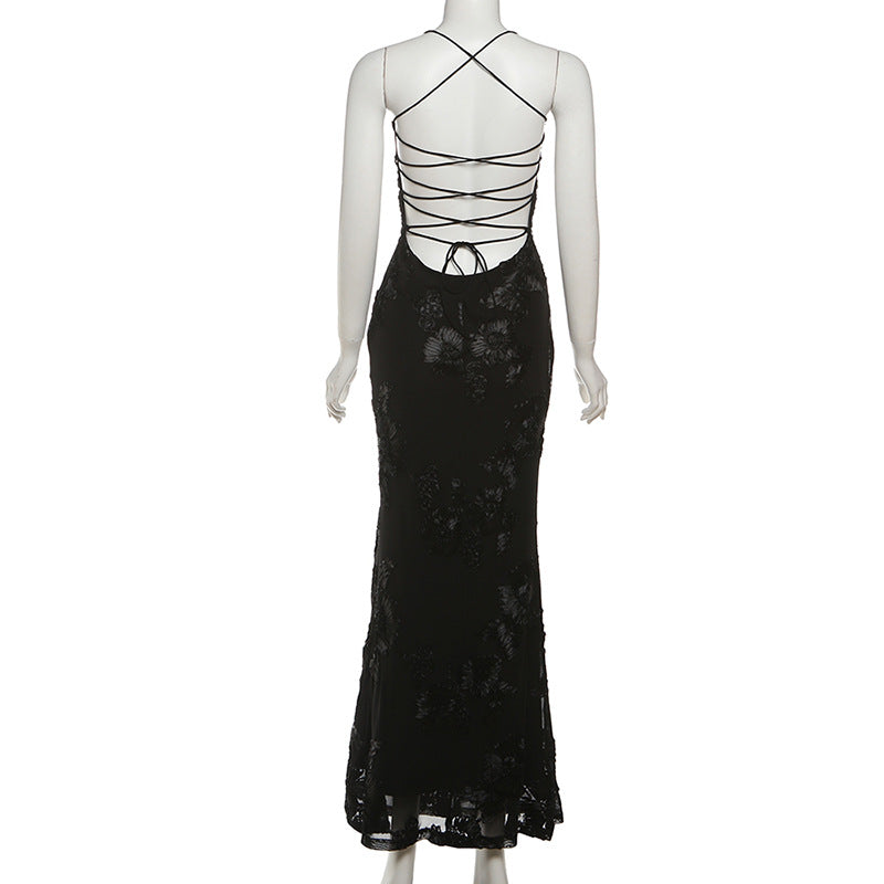 Black Elegance Floral Mesh Cross-Back Maxi Gown | The Ultimate Statement for Holiday Parties & NYE