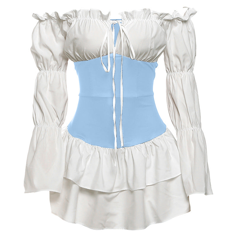 Enchanting Fall Renaissance Off-Shoulder Corset Mini Dress - Bell Sleeve Peasant Style for Halloween