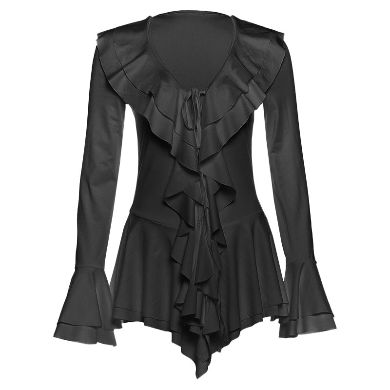 Romantic Ruffle V-Neck Bell Sleeve Tunic Dress | Chic White Fall & Holiday Top