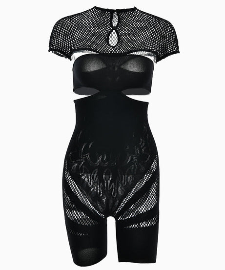 Ignite the Night: Black Flame Mesh Cutout Bodysuit Romper – Edgy Clubwear & Halloween Essential