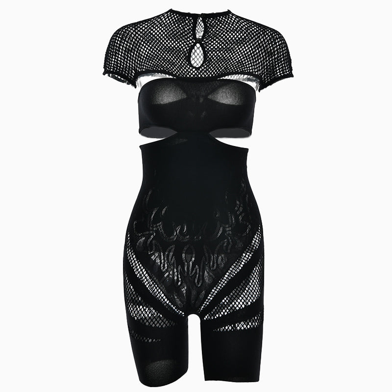 Ignite the Night: Black Flame Mesh Cutout Bodysuit Romper – Edgy Clubwear & Halloween Essential