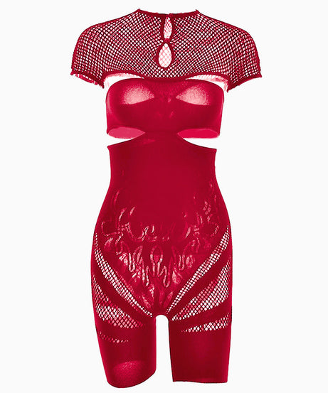 Ignite the Night: Black Flame Mesh Cutout Bodysuit Romper – Edgy Clubwear & Halloween Essential