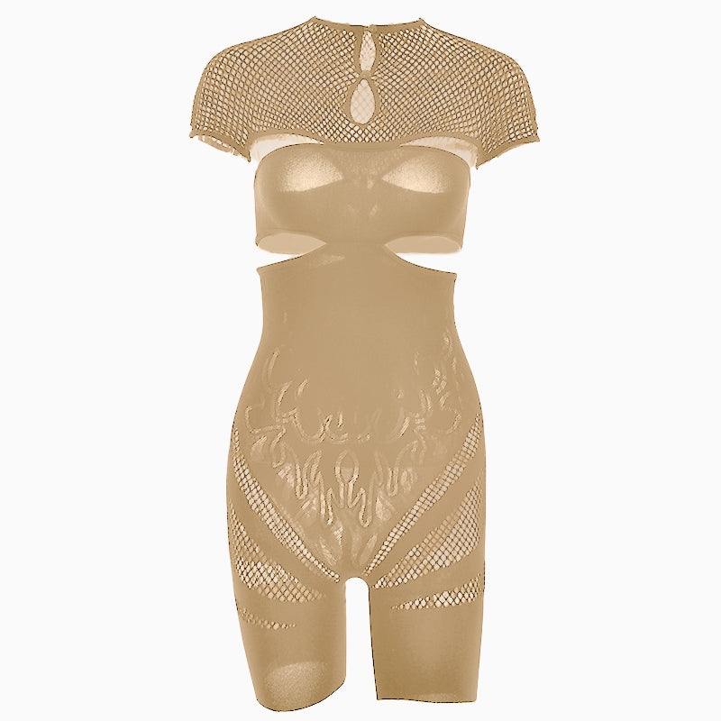 Ignite the Night: Black Flame Mesh Cutout Bodysuit Romper – Edgy Clubwear & Halloween Essential