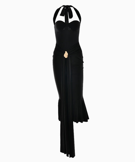 Siren Black Halter Midi Dress - Gold Glamour & Asymmetrical Drape for Holiday Soirées