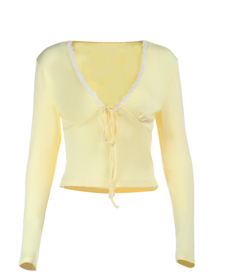 Chic Butter Yellow Tie-Front Long Sleeve Top | Lace Trim V-Neck Fall Essential