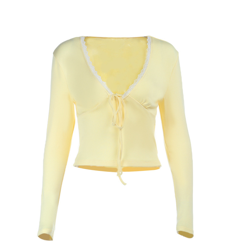 Chic Butter Yellow Tie-Front Long Sleeve Top | Lace Trim V-Neck Fall Essential